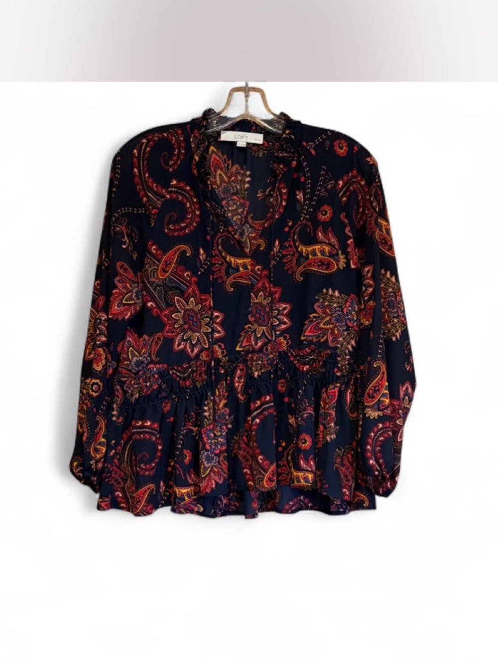 LOFT Navy Paisley Peplum Blouse with Red and Orange Accents
